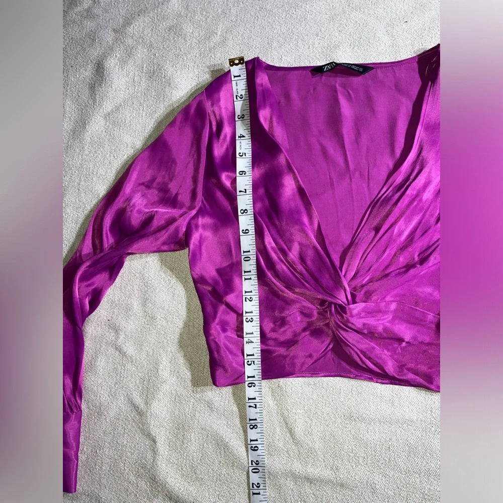 Zara Satin Purple Fuschia Longsleeve Twist Front Knotted Crop Top - Picture 10 of 14